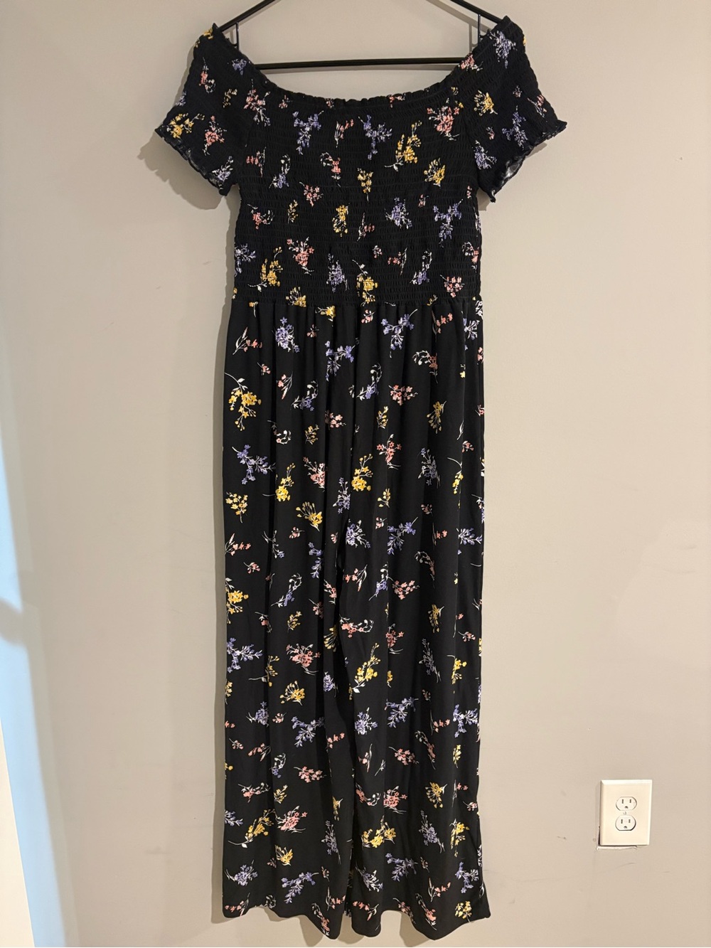 rue21 Black Floral Smocked Wide Leg Jumpsuit Women’s L Off Shoulder